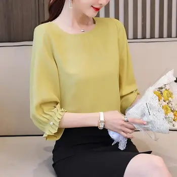 Femei Primavara-Vara Stil Șifon Bluze Tricou de Culoare Solidă femeii O-Neck Maneca Trei Sferturi coreean Topuri Largi DD9069