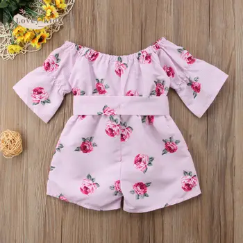 2020 Baby Girl Rochii 1-5ani de Pe Umăr Copil Flare Sleeve Floral Imprimare Floare Dulce cu Eșarfe Centura Costum Costum