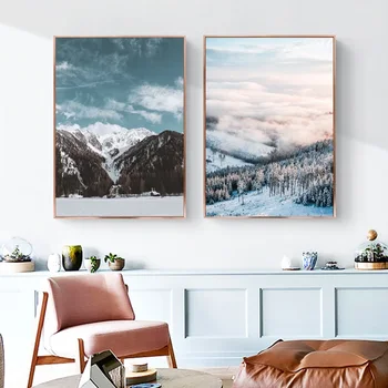 Zăpadă de iarnă Peisaj de Munte Panza Pictura Nordică Decor Acasă Postere de Arta, Printuri și pentru Camera de zi de Perete Decor Poze