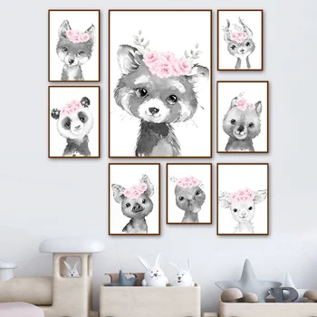 Ursul Vulpea Panda Cal Vacă Flori Arta De Perete Panza Pictura Nordică Postere Si Printuri Alb Negru Poze De Perete Pentru Camera Copii Decor