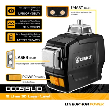 DEKO DC Seria 3D 12 Linii de Nivel cu Laser Automat de Auto-Nivelare Verticală Orizontală 360 de Grade de Înclinare Rotativ pentru Interior și Exterior, Modul de