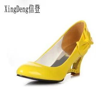 XingDeng Femeile Nunta Pantofi Cu Tocuri Înalte, Pompe Papion Din Piele De Brevet Doamnelor Mireasa Pană Pantofi Alb Plus Dimensiune 34-43