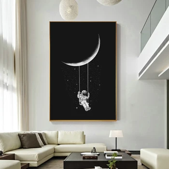 Amuzant Spațiu de Artă Astronaut Swinging pe Lună, Stele Panza Pictura Poze de Perete pentru Camera de zi Postere si Printuri Decor Acasă