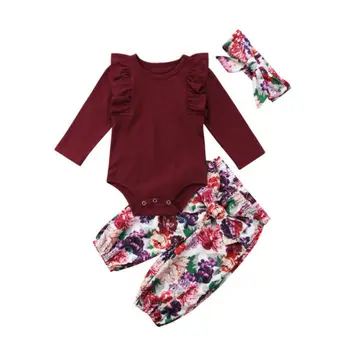 Nou-născuți Haine Fata Printesa Două Bucata Set Zbura Sleeve Romper +floral Pantaloni +bentita Îmbrăcăminte 0-18m