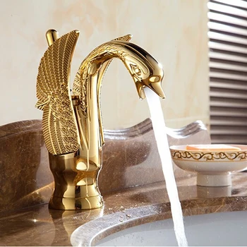 De lux de Cupru apă caldă și rece robinete swan robinet de Aur Terminat bazinul robinet monocomanda G1081