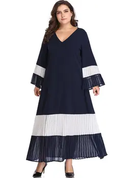 2021 primavara toamna plus dimensiune rochii pentru femei elegante, lejere casual cu maneca lunga mare V gâtului cutat rochie albastru 4XL 5XL 6XL 7XL