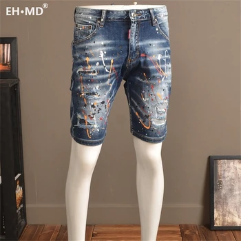 EH · MD® Pictat Denim pantaloni Scurți pentru Bărbați Gaura de Cinci puncte Pantaloni din Bumbac Slim Multi-Buzunar 2020 Nou Respirabil, Moale, Elastic Picioare