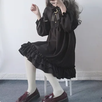 Femei Negru Volane Rochie Japonez Harajuku Lantern Maneca Stil Lolita Student Rochie Drăguț Kawaii Drăguț Arc Fata Sifon C510
