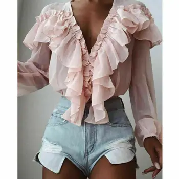 Femei Șifon Zburli Bluza dulce șifon bluza cu volane V gatului maneca lunga femeie drăguț moda casual camasa roz bluze elegante