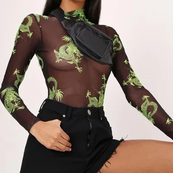 Dragon Imprimare Negru ochiurilor de Plasă Pur Body cu Maneca Lunga Tricou Topuri Sexy Costume de Corp pentru Femei Streetwear Toamna 2020