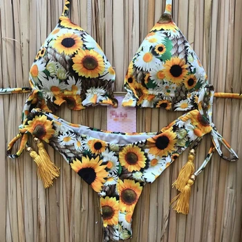 Floarea-Soarelui Print Bikini Micro Tanga, Costume De Baie 2 Piese Costume De Baie Femei 2020 Costume De Baie String Mini Bikini Costum De Baie Femei