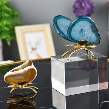 Accesorii Pentru Decor Aur Alamă Fluture Figurina Cu Naturale Agat Fulgi De Aripa Cameră Ornament Obiecte De Birou Cadou De Crăciun