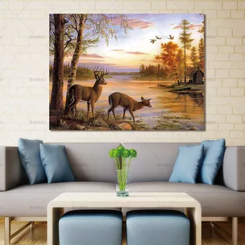Imagine de animale panza pictura arta de Perete pădure doi cerbi postere si printuri acasă decor pictura arta print pe pânză