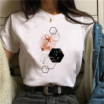 2021 Noi de Vara Geometrie Imprimate T-shirt Femei Alb cu Maneci Scurte T Shirt Harajuku Y2k Gât Topuri Tee de sex Feminin Casual Tricou