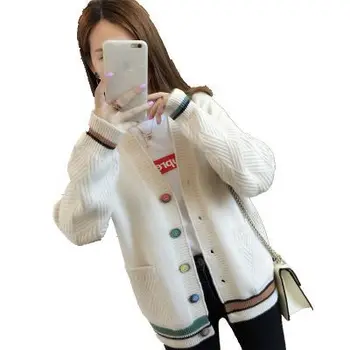 Primavara/Toamna pentru Femei Stil coreean Pulover Haina Liber de Mari Dimensiuni V-Neck Cardigan cu Maneci Lungi Moda Butoane Colorate de Decor