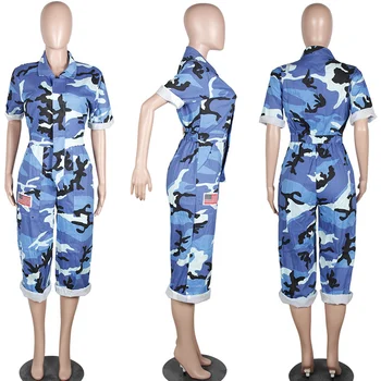Femei Salopeta De Camuflaj Militari Ai Armatei Pantaloni Scurți De Marfă De Sex Feminin Costum Plus Size Print Rompers Fermoar Streetwear Șic Guler