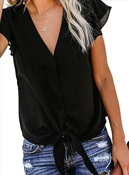 Natura unică Femei V-neck top mâneci Scurte ciufulit înnodate șifon cămașă buton Lega de Top Solid Bluze Casual