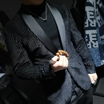 Coreea Style Catifea Aur Stripe Blazer Om Costume De Scenă Pentru Cantareata Elegante Sacouri Pentru Bărbați Blazer Hombre Terno Masculino Negru