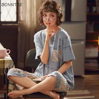 Pijama Seturi pentru Femei de Vară Vițel lungime de Desene animate Imprimate de Dimensiuni Mari 4XL coreeană Stil Chic Ulzzang Respirabil Femeie la Modă Sleepwear