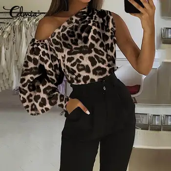 Celmia Vara Sexy de Pe Umăr Femei Topuri și Bluze cu Mânecă Lungă Lanternă Leopard de Imprimare Tricouri Casual Elegant Club Blusas