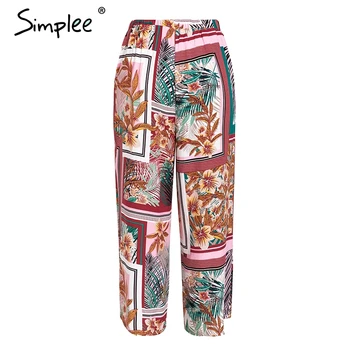 Simplee Boem patchwork print floral pantaloni largi picior Femei elastic talie mare pantaloni de Vara pentru femeie plaja pierde pantalonii palazzo