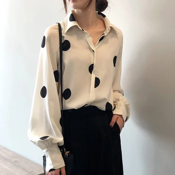 Stil Coreean Primavara Cu Maneci Lungi Șifon Bluza Femei Simplu Buline Chic Casual Cămașă De Moda Doamnă Birou Blaturi De Lucru Alb