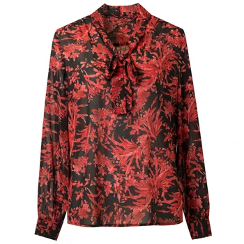 SuyaDream Femei Imprimat Arc Guler Bluze 95% Crep De Mătase Cu Mâneci Lungi Birou Bluza Tricou 2019 Birou Doamnă Tricouri