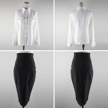 Toamna Casual Femei Complet Maneca Bluză Albă Cămașă Vestidos Creion Negru Bodycon Fusta Sexy Două Piese Seturi De Genunchi-Lungime De Lucru Sui
