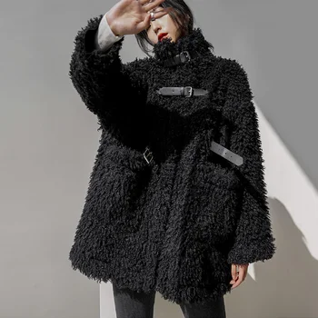 Blană neagră de Miel Haină de Lână pentru Femei 2020 Iarna Stil coreean Vrac Grele Cald de Lână Paltoane Jachete Casual