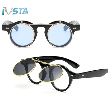 IVSTA Flip-Up ochelari de Soare Miopie Clip Pe ochelari de Soare Barbati Classic Clapetă baza de Prescriptie medicala Optice Cadru Rotund Epocă Steampunk