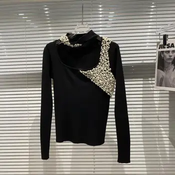 2020 Iarna Nou Pearl Tricou Femei Guler de Unghii de Design de Șirag de mărgele Scăzut Pieptul Gol Guler T-shirt