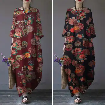 2021 ZANZEA Tipărite Maxi Rochie Eleganta pentru Femei Floral Sundress Toamna Casual cu Maneci Lungi Vestidos de sex Feminin Halat de Bumbac Supradimensionate