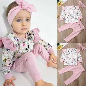 2019 Toamna Copil Nou-născut Fata Maneca Lunga Florale T-shirt, Blaturi Harem Pantaloni Lungi Pantaloni Bentita 3PCS Set Haine pentru Copii