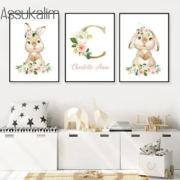 Iepure Animal Panza Pictura Nume Personalizat Printuri Poster Pepinieră Arta De Perete Imagini Flori De Arta De Imprimare Copii Baby Room Decor De Perete