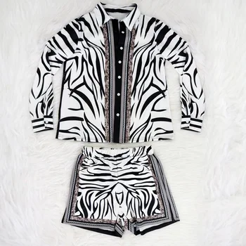 Femei Zebra Print Set de Două Piese Casual Nasturii de sex Feminin Bluza cu Fermoar de pantaloni Scurți de Moda de Epocă de Turn-down Guler Bluza Mini pantaloni Scurți