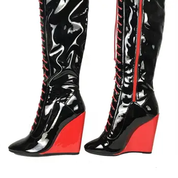 De iarnă Pantofi pentru Femei Rotund Toe Wedge Peste genunchi cizme Lalce Sus Doamnelor Moda Înălțimea Coapsei Cizme cu Fermoar Plin de Brevet Negru