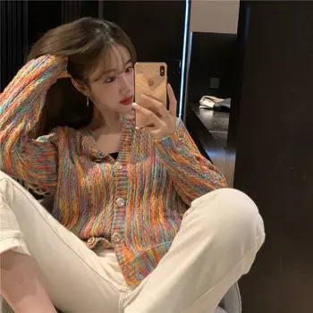 Femei Cardigan Scurt O-gât Tricotat Pulovere Jumper Colorate cu Maneca Lunga de Moda Chic de Primăvară Doamnelor Haina Streetwear coreean Ins