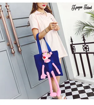 Cute Pink Panther De Umăr Panza Tote Sac De Desene Animate Anime Trist Broască De Pluș Papusa Cumpărături Găleată Geantă De Mână