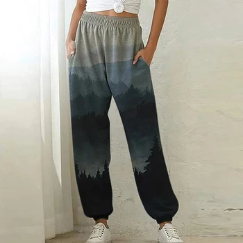 2020 Femei Elegante de Epocă Munte de Imprimare de Înaltă Talie Pantaloni Toamna Talie Elastic Lung SweatPant Casual Vrac Buzunar Pantaloni 5XL