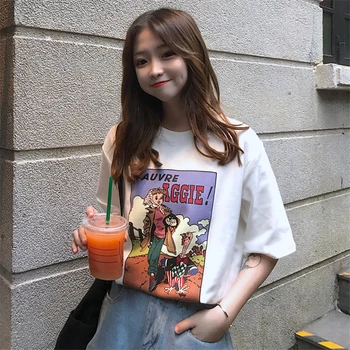Coreeană Harajuku Liber Tricou Femei Casual cu Maneci Scurte Ulzzang de Desene animate de Imprimare T-shirt-uri de Fete de Vară Kawaii Drăguț Tricou Top de Bază