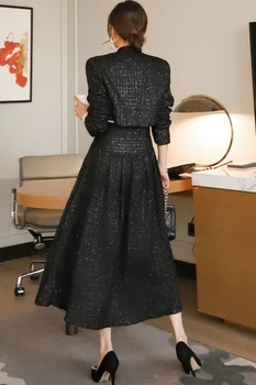 Toamna Iarna Vintage 2 Bucata Set Elegant Negru Tweed Pieptul Singur Sacou Scurt Haina + Cutat Leagăn mare Tinute Fusta Midi