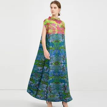 Lanmrem 2021 NOUA moda de vara rochie lunga plisata tipărite elatic liber de mari dimensiuni stand guler vintage rochii femei WL616