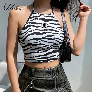 Weekeep Dungi De Zebra Print Halter Crop Top Pentru Femei De Pe Umăr Sexy Moda Bretele Streetwear Backless Petrecere Clubwear Camis