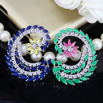 Pera Nou Coreean Femei De Moda Ureche Stud Bijuterii Pentru Cadou De Crăciun Mare Rotund De Flori Galben Și Albastru Cubic Zirconia Cercei E310