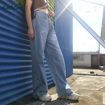 SUCHCUTE Talie Inalta Blugi Femei Pantaloni Largi Picior Plus Dimensiune Punk Stil coreean Pantaloni Casual coreeană Stil Harajuku Femei Joggeri