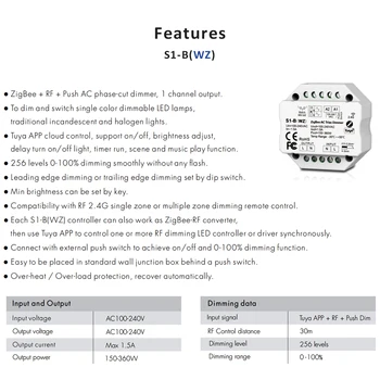 Tuya Zigbee Dimmer 220V 110V 230V Wifi RF 2.4 G Wireless de Control de la Distanță AC Dimmer cu Triac Întrerupător tip tastă pentru Bec LED Lampa de 220V S1-B