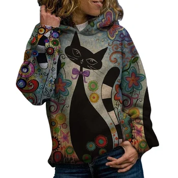 Femei Toamna Iarna Digital Pisici Print Hoodie Lungă Maneca Tricou Pulover