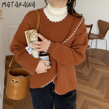 MATAKAWA Partea de Fantă Maneca Lunga Pulover Tricotate Femei Coreea Gât Rotund Pulover de Frontieră Contrast Pulovere Largi