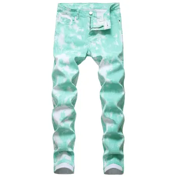 Mens Slab Imprimate Blugi 6 Culoare Slim Fit Jeans pentru Barbati New Fashion Casual Streetwear Pantaloni Verde Portocaliu Roz Pantaloni din Denim 42