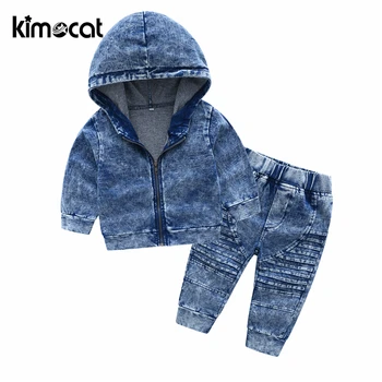 Kimocat New Sosire de Toamnă Și de Primăvară Copii cu Maneca Lunga cu Gluga Knit Denim Costum de Băiat de Îmbrăcăminte Seturi Copilul Trening Seturi